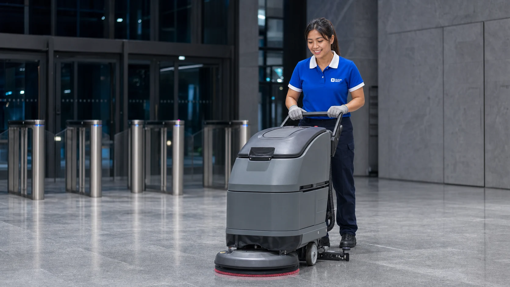 Clean Best cleaner working through a commercial floor after hours during a commercial clean in Sydney NSW